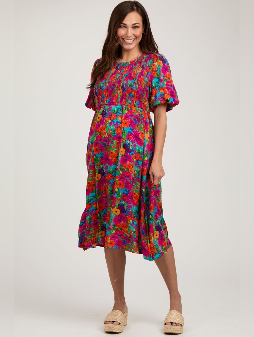 Jodifl Bright Floral Smocked Midi Maternity Dress